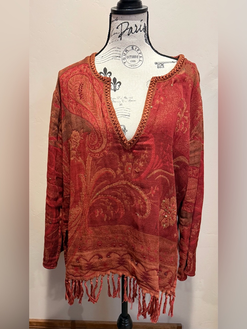 Chico's Rust Red Paisley Fringe V-Neck Tunic